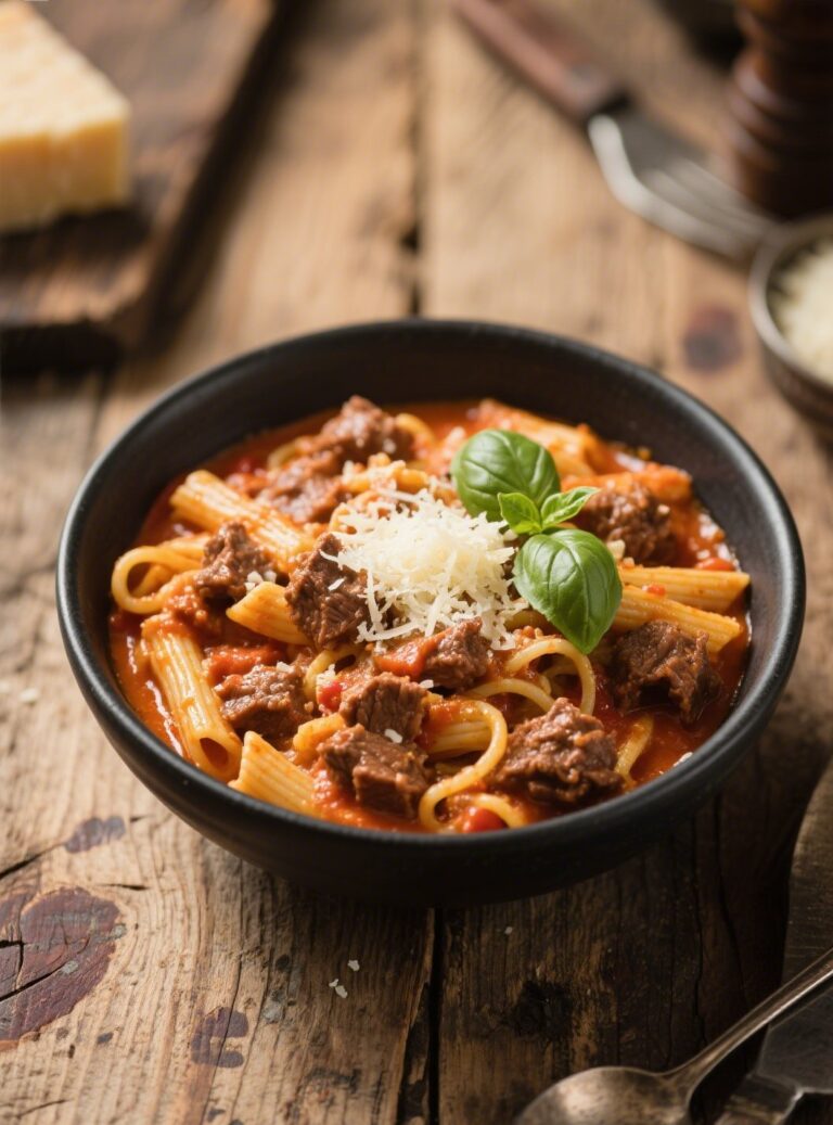 creamy tomato beef pasta in a white bowl with parmesan and basil