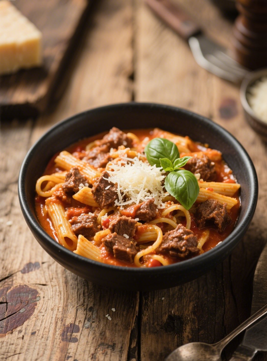 creamy tomato beef pasta in a white bowl with parmesan and basil