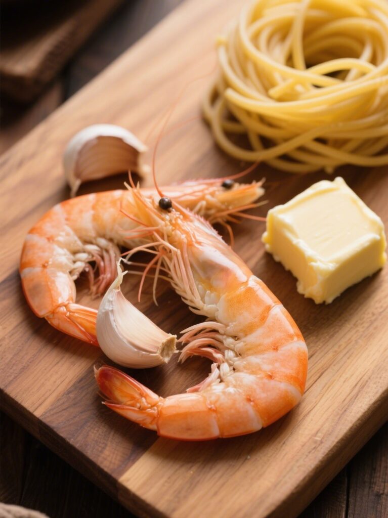 Ingredients for garlic butter shrimp pasta on wooden board