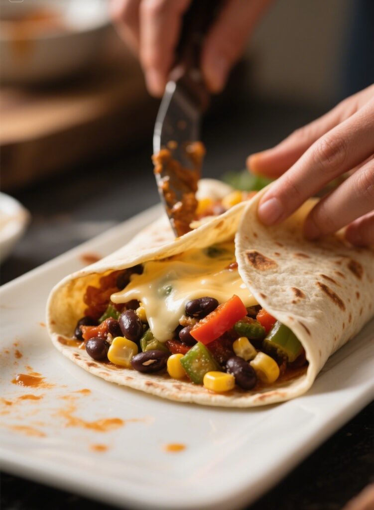 Filling tortillas for veggie black bean enchiladas